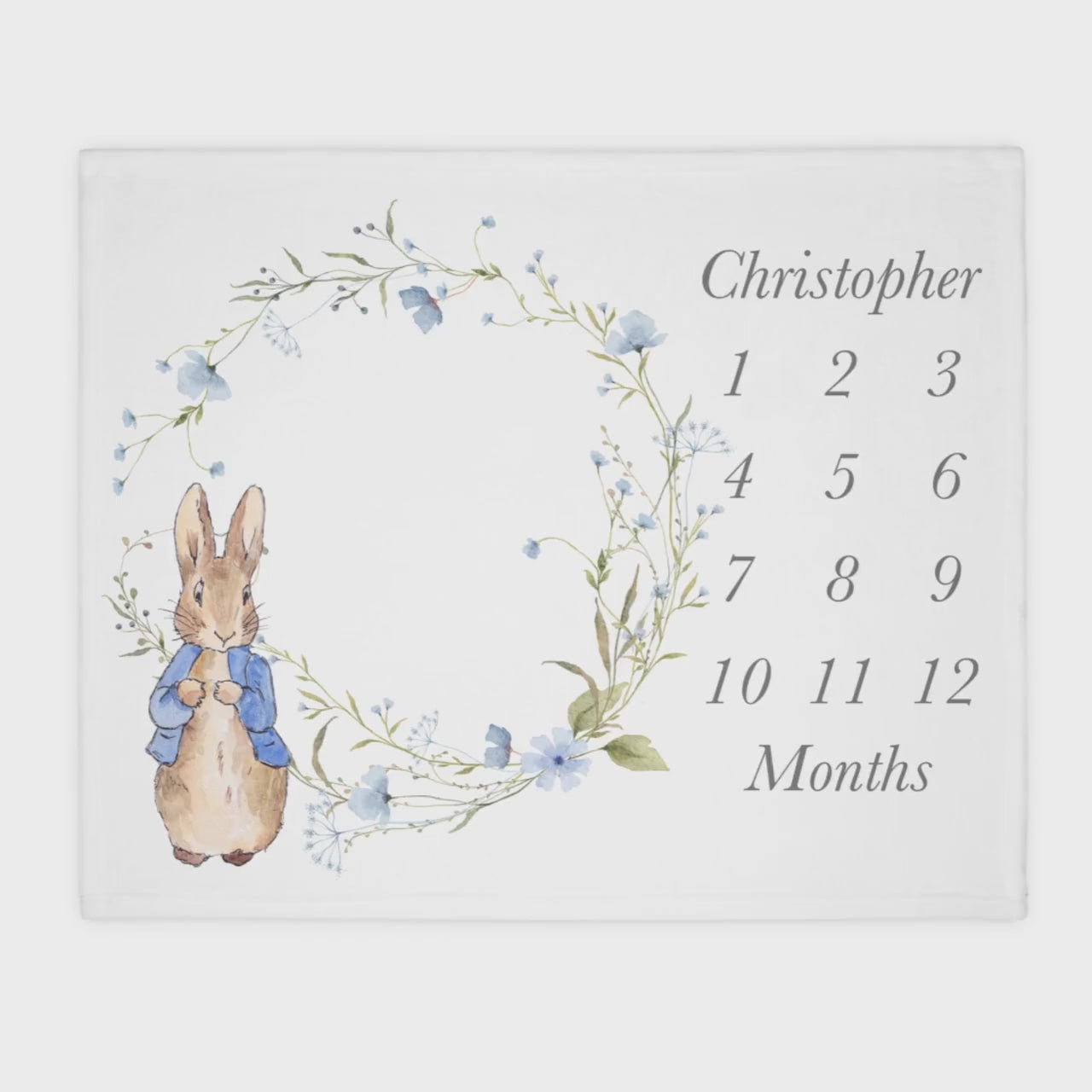 Vintage Rabbit Milestone Blanket, Blue Floral Wildflower, Personalized Baby Month Blanket Boy, Monthly Growth Chart