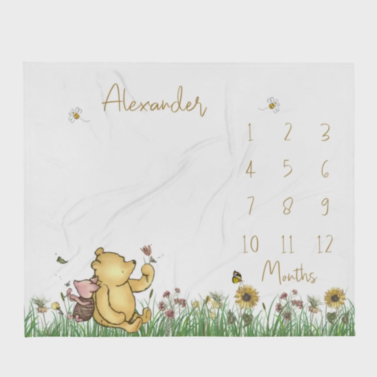 Classic Pooh Bear Baby Milestone Blanket Boy, First Year Calendar Monthly Growth Mat, Personalized Bear Name Month Blanket, Baby Shower Gift